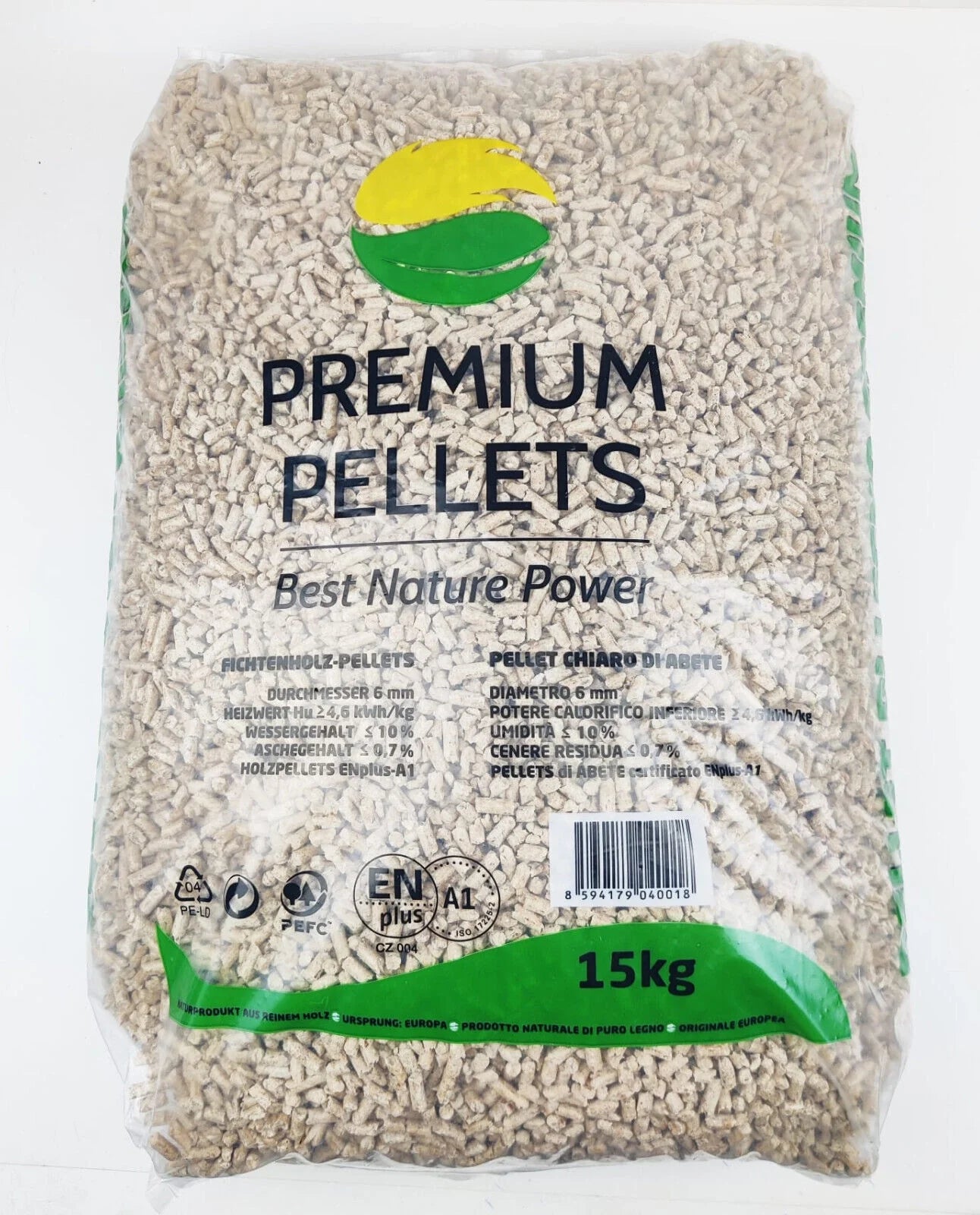 PREMIUM PELLETS – Pellets de madera de abeto ENplus® A1 – 1.050 kg / 70 sacos de 15 kg