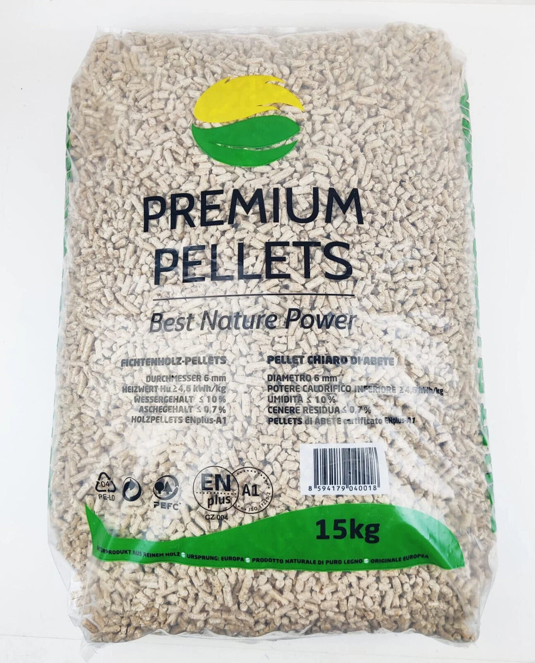 PREMIUM PELLETS – Pellets de madera de abeto ENplus® A1 – 1.050 kg / 70 sacos de 15 kg