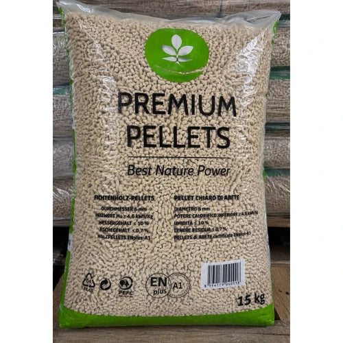 PREMIUM PELLETS – Pellets de madera de abeto ENplus® A1 – 1.050 kg / 70 sacos de 15 kg