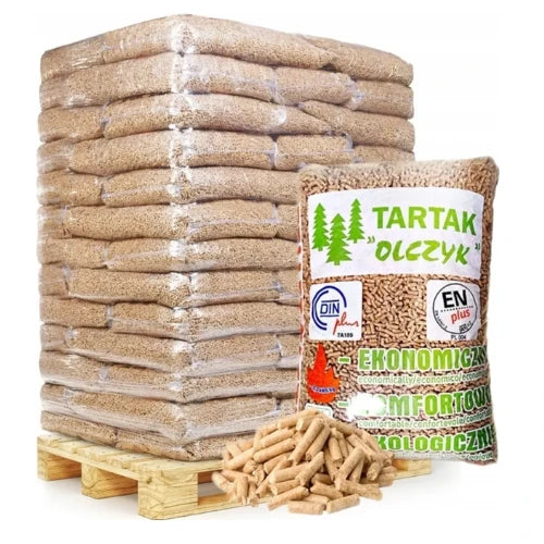 Pellets de madera Olczyk, palé de 65 sacos, 975 kg de combustible de madera.