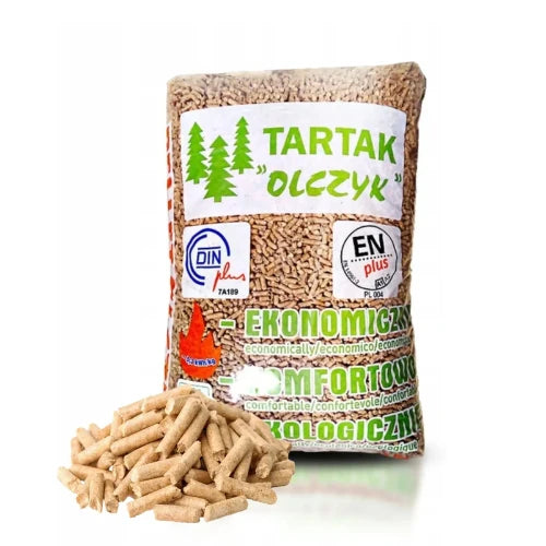 Pellets de madera Olczyk, palé de 65 sacos, 975 kg de combustible de madera.