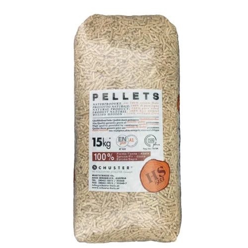 Pellets Schuster ENplus A1 – 72 sacos de 15 kg, fabricados con madera de abeto.